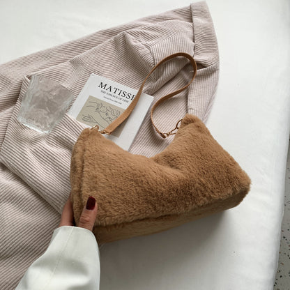 Sac à bandoulière en peluche de couleur unie pour femme, décontracté, à la mode, automne et hiver 