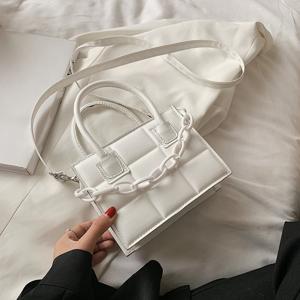 Women Fashion Chain Decorative Plaid Embossed Solid Color PU Crossbody Bag
