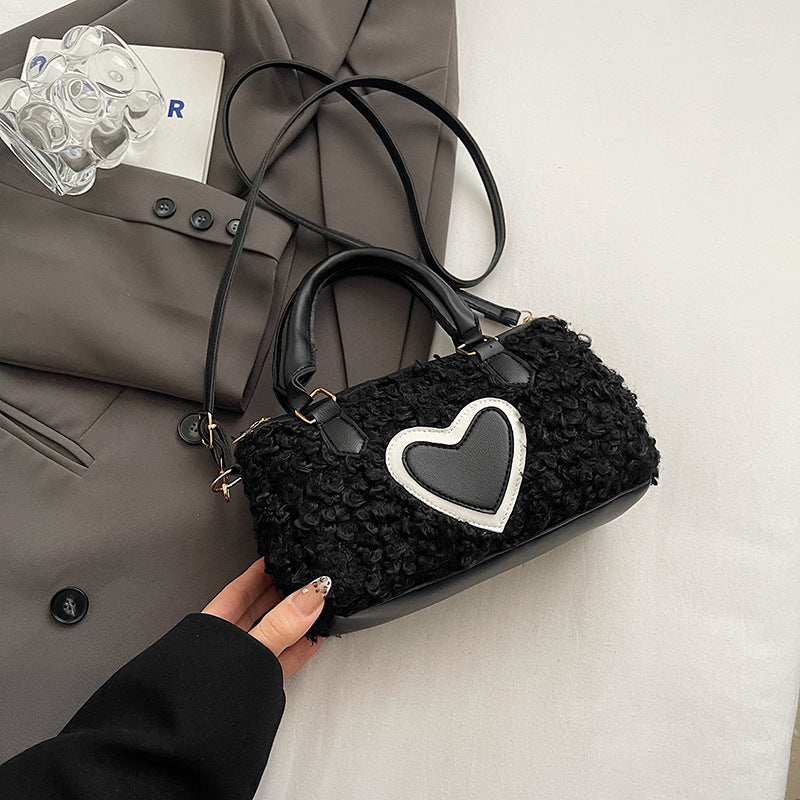 Women Fashion Casual Plush Heart Zipper Handbag