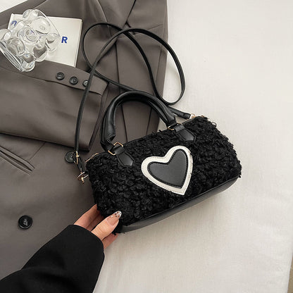 Women Fashion Casual Plush Heart Zipper Handbag