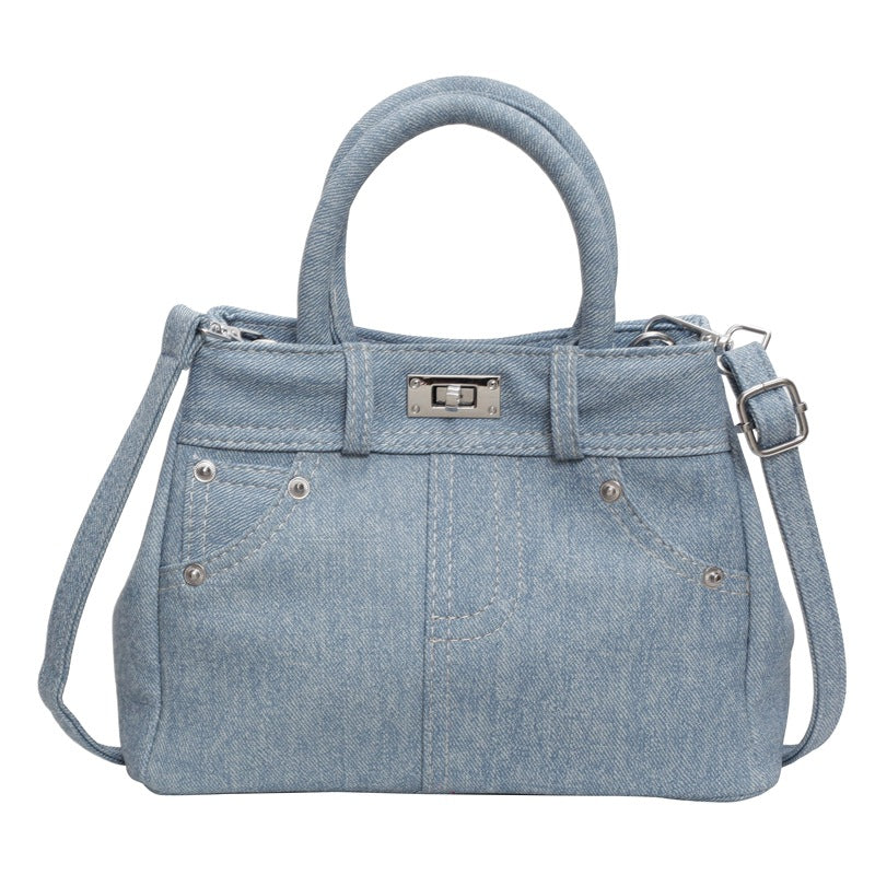 Women Fashion Simple Lock Denim PU Handle Shoulder Bag