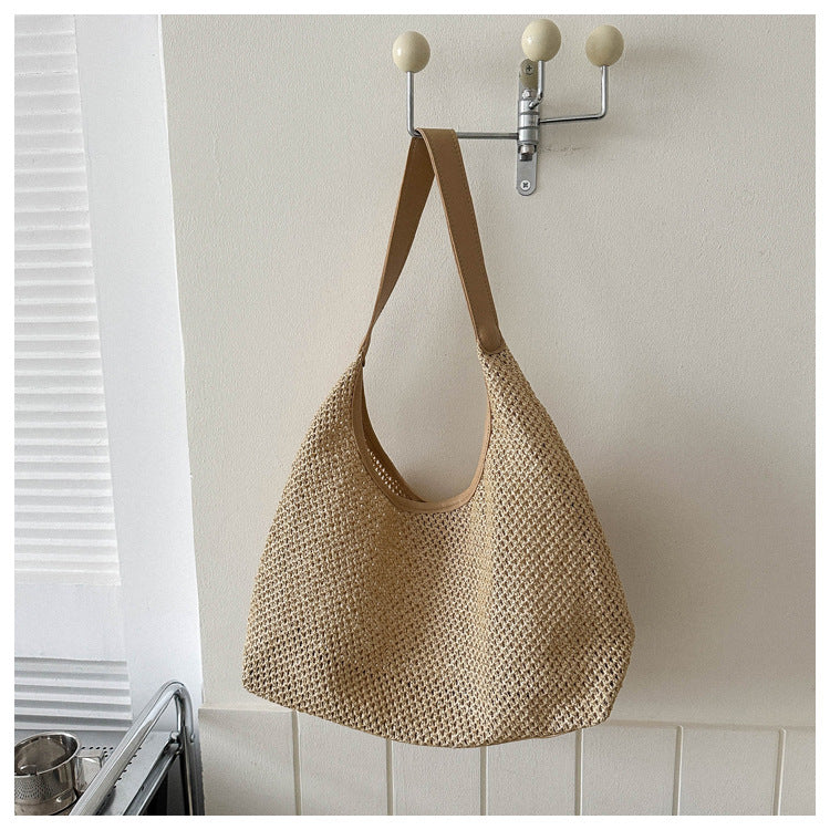 Women Casual Solid Color Woven Large Capacity Tote Bag