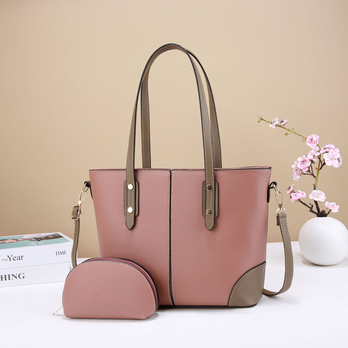Women Fashion Casual Contrast Color Large Capacity Handbag Set