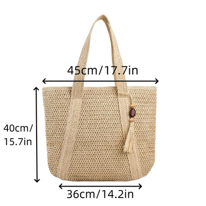 Summer Women Leisure Vacation Beach Grass Woven Tassel Pendant Tote Bag