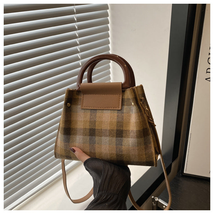 Sac seau décontracté à bandoulière en laine à carreaux rétro pour femme 