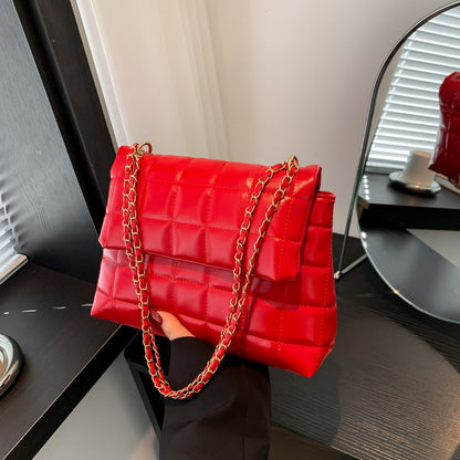 Women Fashionable Simple Solid Color Rhombic Clad Flap Chain Shoulder Crossbody Bag