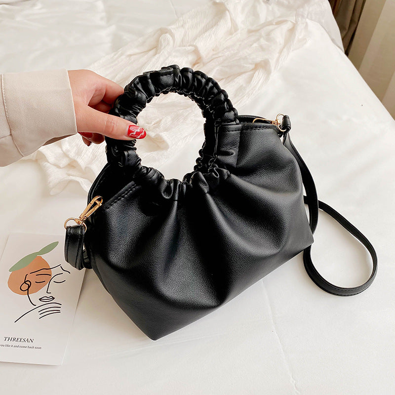Women Fashion Pleated Design Solid Color PU Shoulder Bag