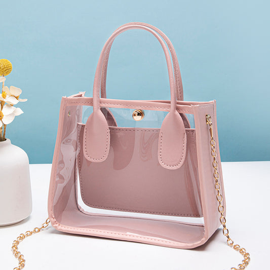 Women Fashion Casual Transparent Pvc With Leather Chain Shoulder Bag