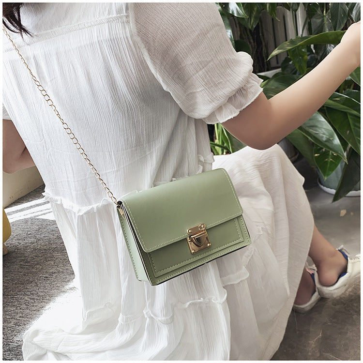 Women Fashion Solid Color Flip Lock Square Chain Crossbody Bag