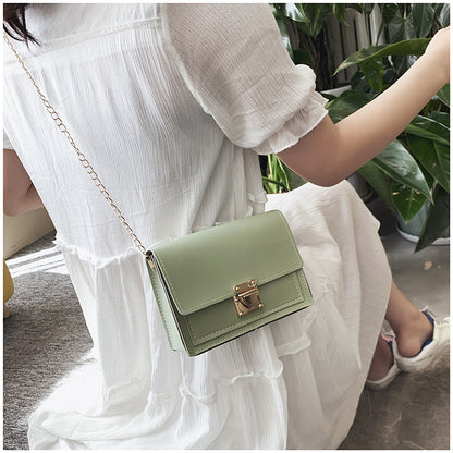 Women Fashion Solid Color Flip Lock Square Chain Crossbody Bag