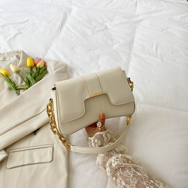 Women'S Fashion Contrast Color Metal Buckle Chain Shoulder Solid PU Square Bag
