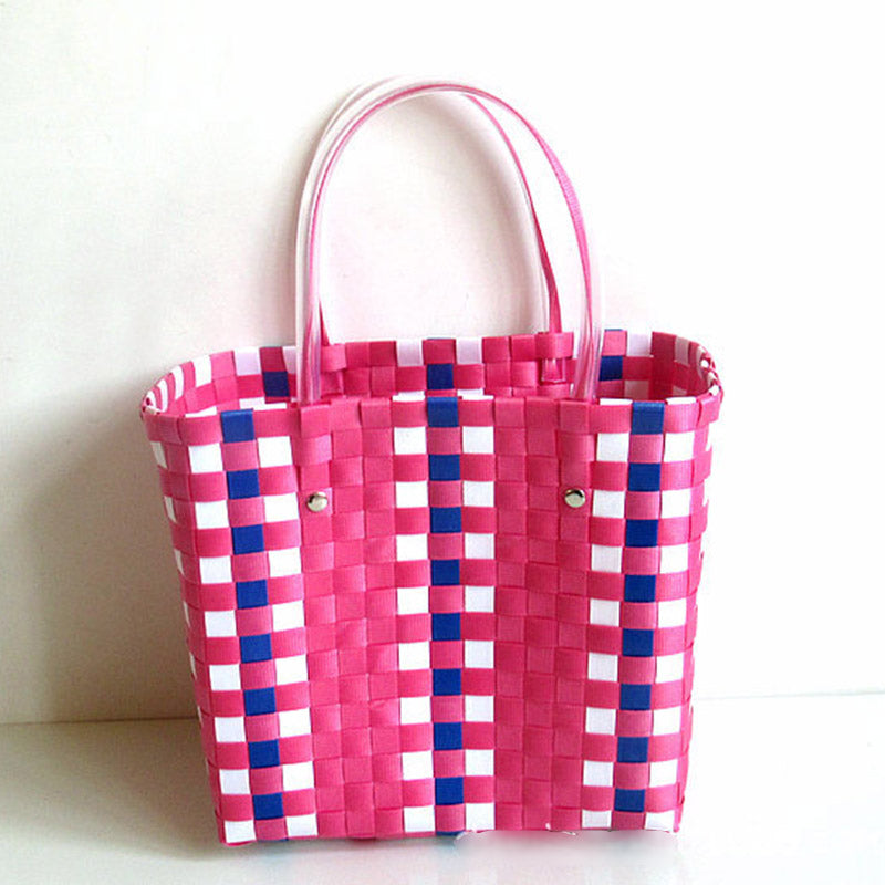 Vegetable Basket Straw Woven Waterproof Beach Women Casual Design Color Blocking Large Capacity Shoulder Handle Bag
