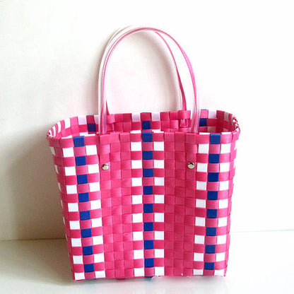 Vegetable Basket Straw Woven Waterproof Beach Women Casual Design Color Blocking Large Capacity Shoulder Handle Bag