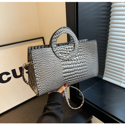 Women Vintage Crocodile-Print Round Handle PU Shoulder Bag