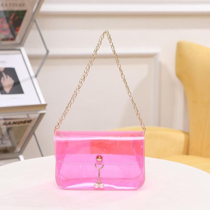 Women Fashion Simple Transparent Clear Acrylic Pearl Pendant Chain Messenger Mini Bag
