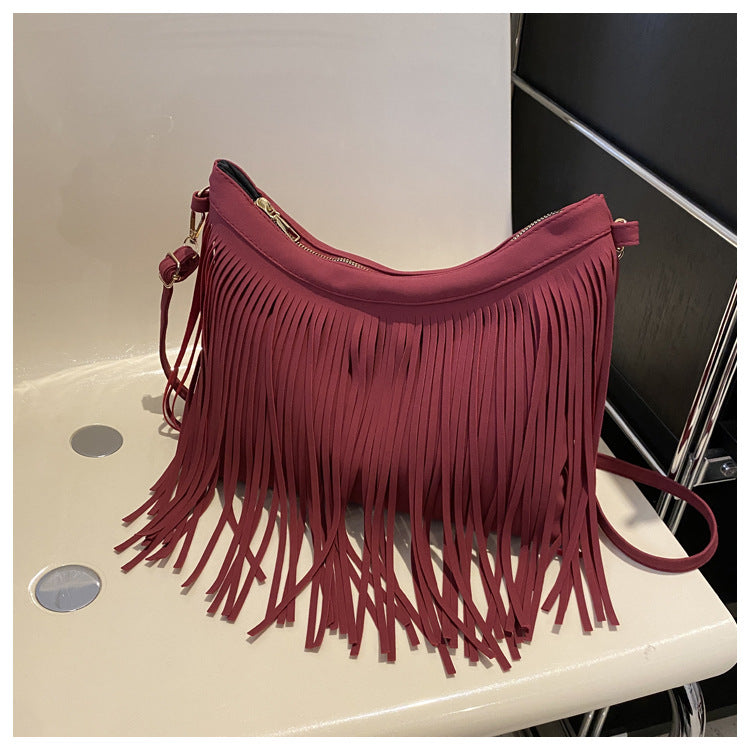Women'S Fashionable Solid Color Tassel Large Capacity Shoulder Bag