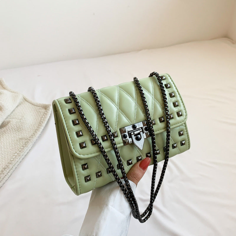 Women Simple And Fashionable Studded Flap Lock Square Chain Crossbody Bag