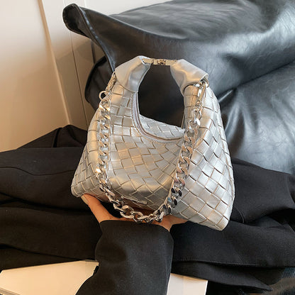 Sac à bandoulière simple et tendance pour femme, couleur unie, tissé avec chaîne 