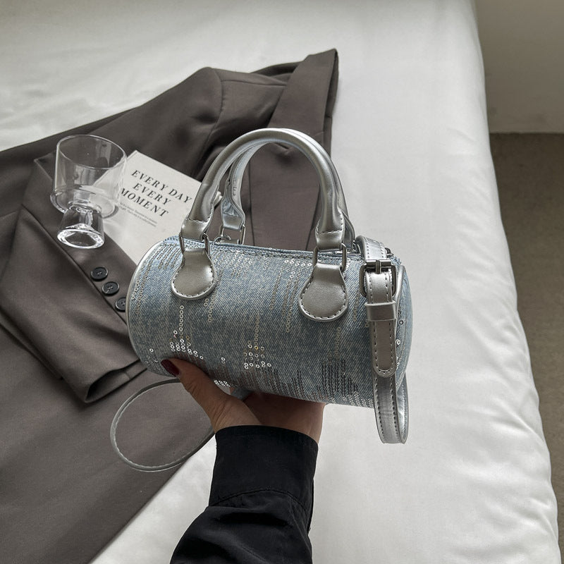 Sac à bandoulière cylindrique à paillettes vintage avec fermeture éclair 