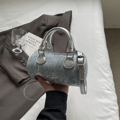 Sac à bandoulière cylindrique à paillettes vintage avec fermeture éclair 
