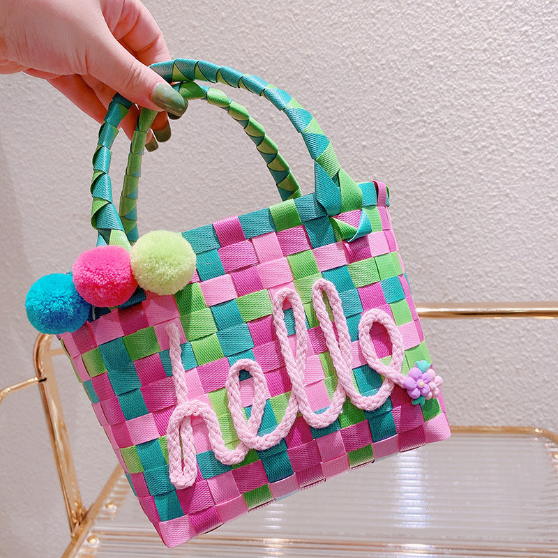 Women Cute Sweet Letters Decorative Colorful Woven Design Pompon Pendant Straw Shoulder Bag