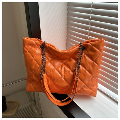 Women Fashionable Solid Color Rhombic Large Capacity Chain PU Tote Bag