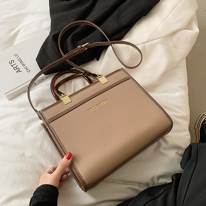 Women Chic Letter Embossing Color Blocking Large Capacity PU Handle Bag