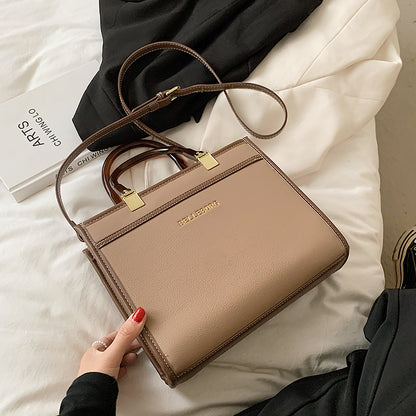 Women Chic Letter Embossing Color Blocking Large Capacity PU Handle Bag