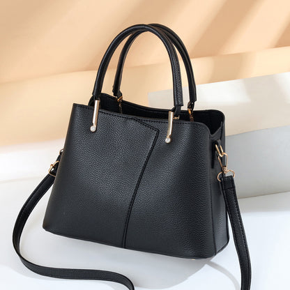 Women Fashionable Simple Litchi Pattern Large Capacity PU Handle Shoulder Bag