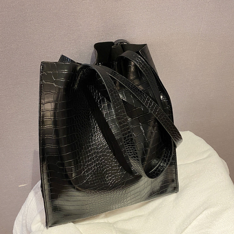 Women Fashion Basic Crocodile Pattern Large Capacity PU Shoulder Bag