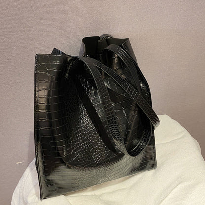 Women Fashion Basic Crocodile Pattern Large Capacity PU Shoulder Bag