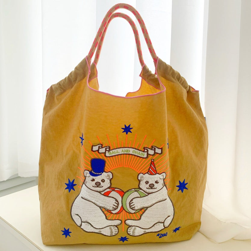 Women Fashion Nylon Embroidered Large Capacity Canvas Shopping Bag
