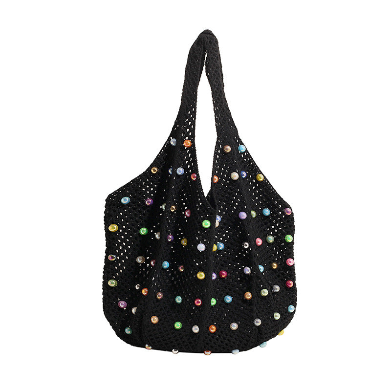 Summer Vacation Women Mori Style Soft Girl Fashion Hollow-Out Pearl Large Capacity Shoulder Woven Bag