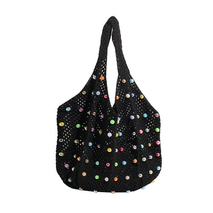 Summer Vacation Women Mori Style Soft Girl Fashion Hollow-Out Pearl Large Capacity Shoulder Woven Bag