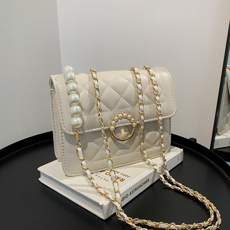 Sac à bandoulière matelassé à carreaux pour femme, élégant, avec chaîne et perles, couleur unie