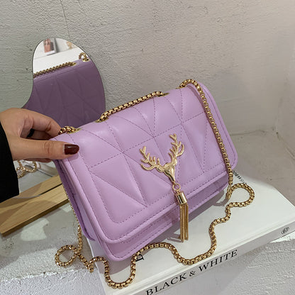 Women Fashion Deer Decorative Flap Buckle Design Solid Color PU Crossbody Bag
