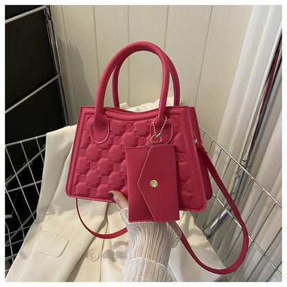 Women Fashionable Round Diamond Creased Square PU Handle Crossbody Bag