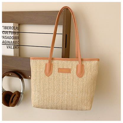 Summer Women Fashionable Solid Color Straw Woven Large Capacity Tote Bag