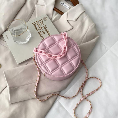 Sac à bandoulière rond en PU pour femme, joli sac à chaîne avec fermeture éclair, couleur unie, motif écossais gaufré 