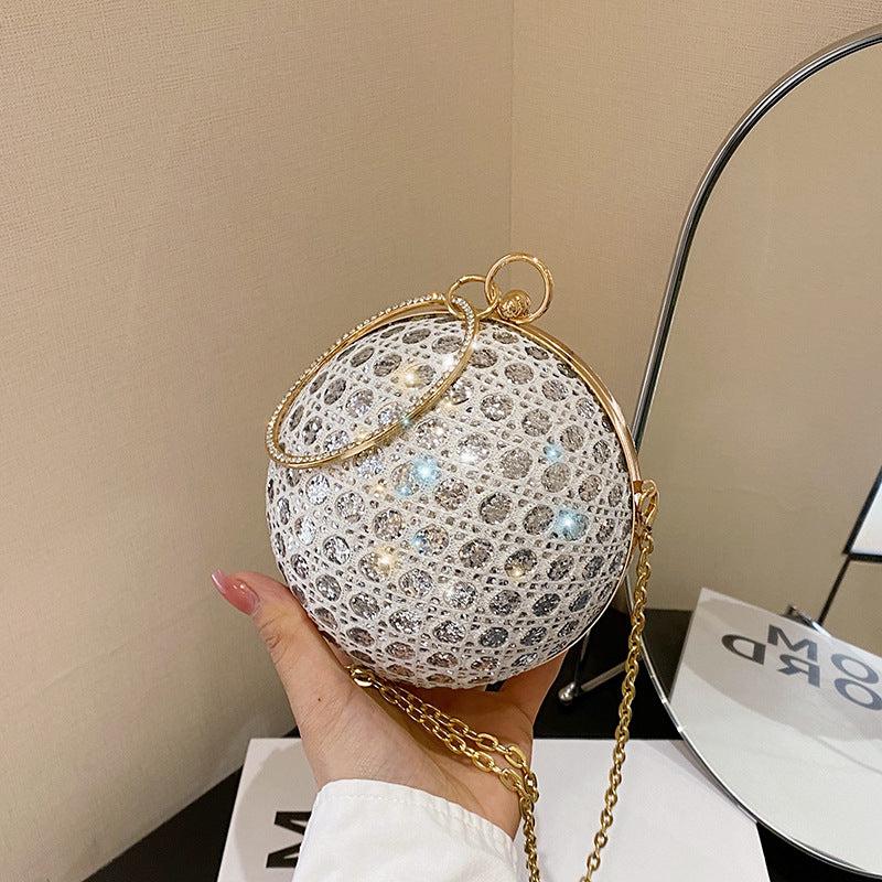Women Fashion Elegant Round Sequin Hollow Handle Clip Chain Shoulder Evening Mini Bag