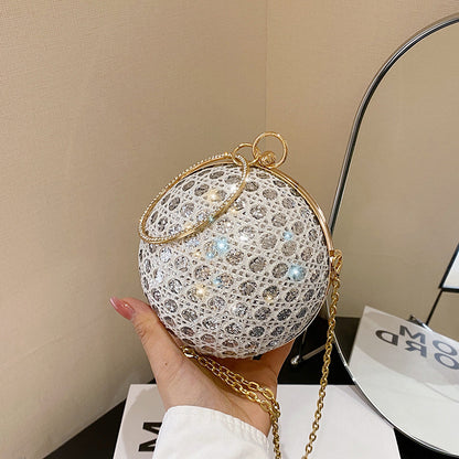 Women Fashion Elegant Round Sequin Hollow Handle Clip Chain Shoulder Evening Mini Bag