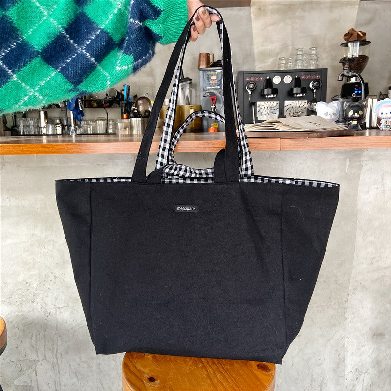 Women Casual Design Plaid Pattern Canvas Large Capacity Shoulder Handle Tote Bag