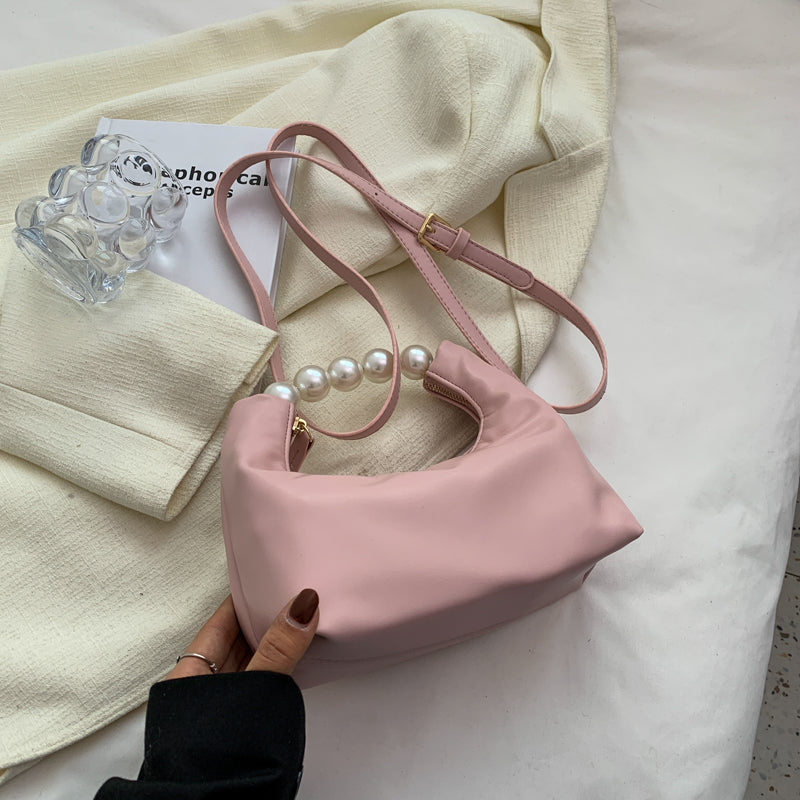 Women Chic Beaded Zipper Design Solid Color PU Handle Bag