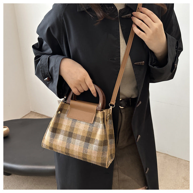 Sac seau décontracté à bandoulière en laine à carreaux rétro pour femme 