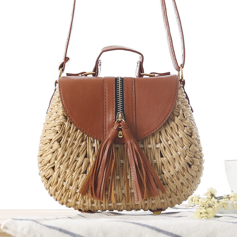 Women Fashion Simple Vacation Beach Straw Woven Color Block Tassel Zipper Flap Shoulder Bag