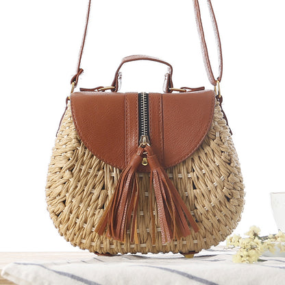 Women Fashion Simple Vacation Beach Straw Woven Color Block Tassel Zipper Flap Shoulder Bag