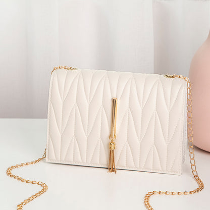 Women Fashion Tassel Decorative Pleated Design Flap PU Crossbody Bag