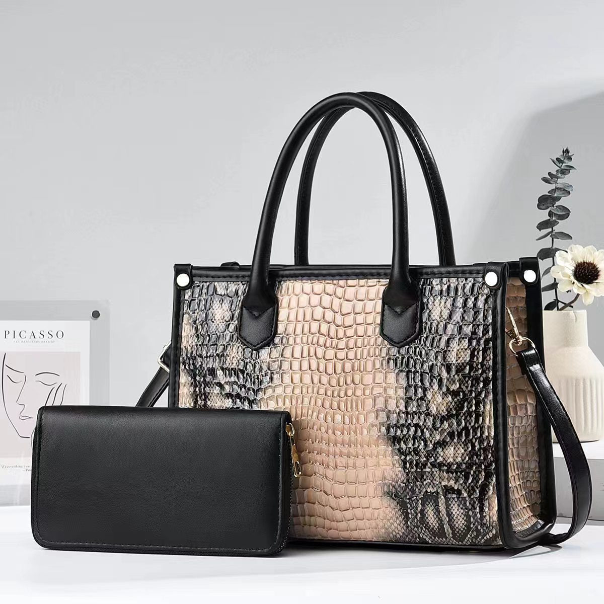 Vintage Elegant Women Snakeskin Pattern Pu Tote Bag Handbag