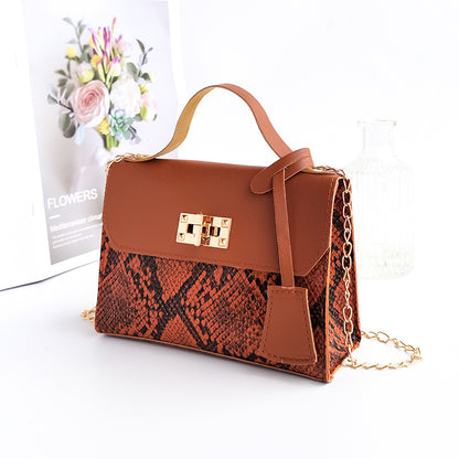 Women Vintage Flap Buckle Design Snake Pattern PU Crossbody Bag
