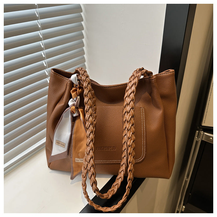 Women Fashionable Solid Color Silk Scarf Decorative Large Capacity PU Tote Bag